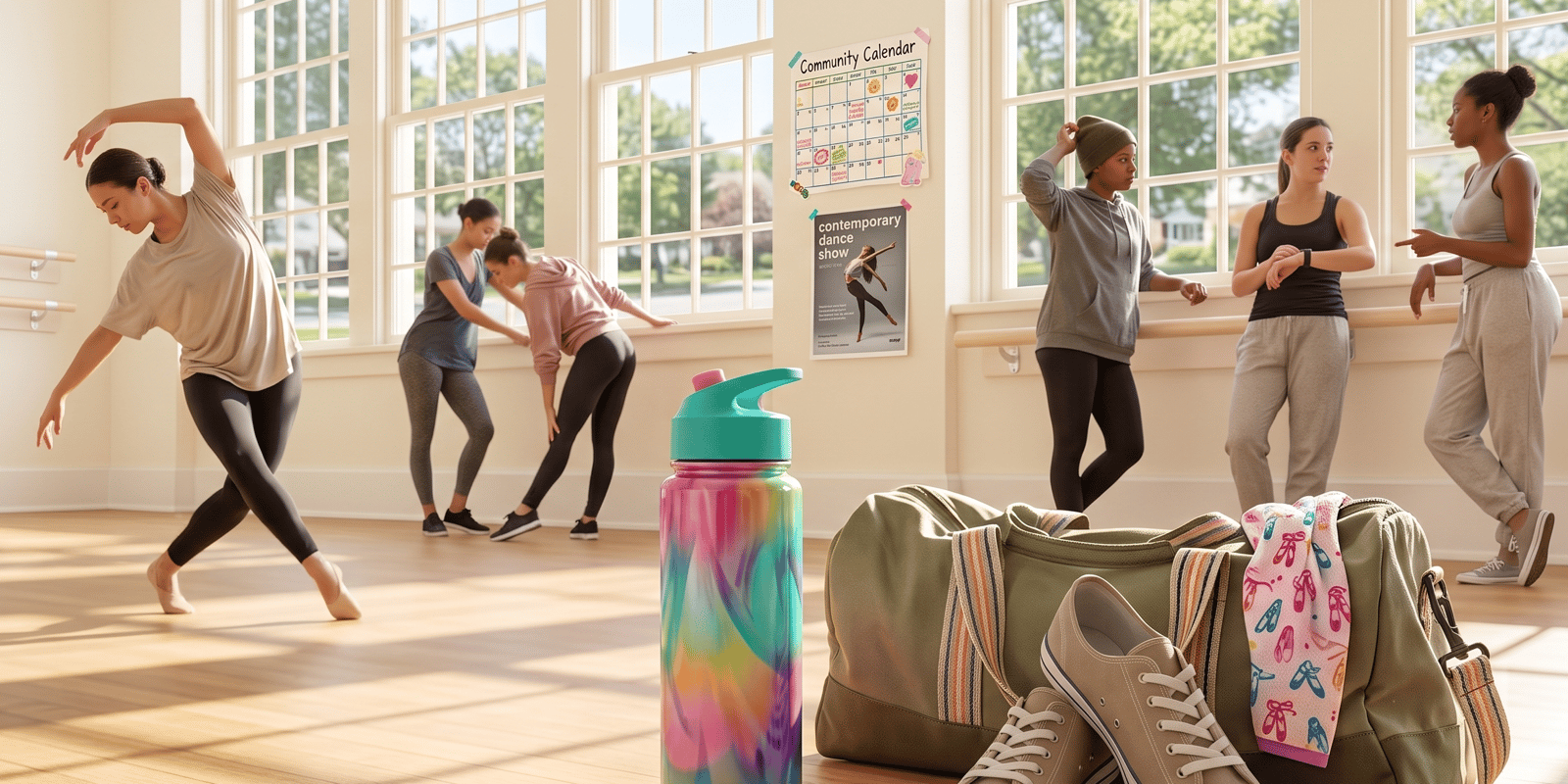 Dancers warming up in a sunlit studio beside a gear bag and water bottle