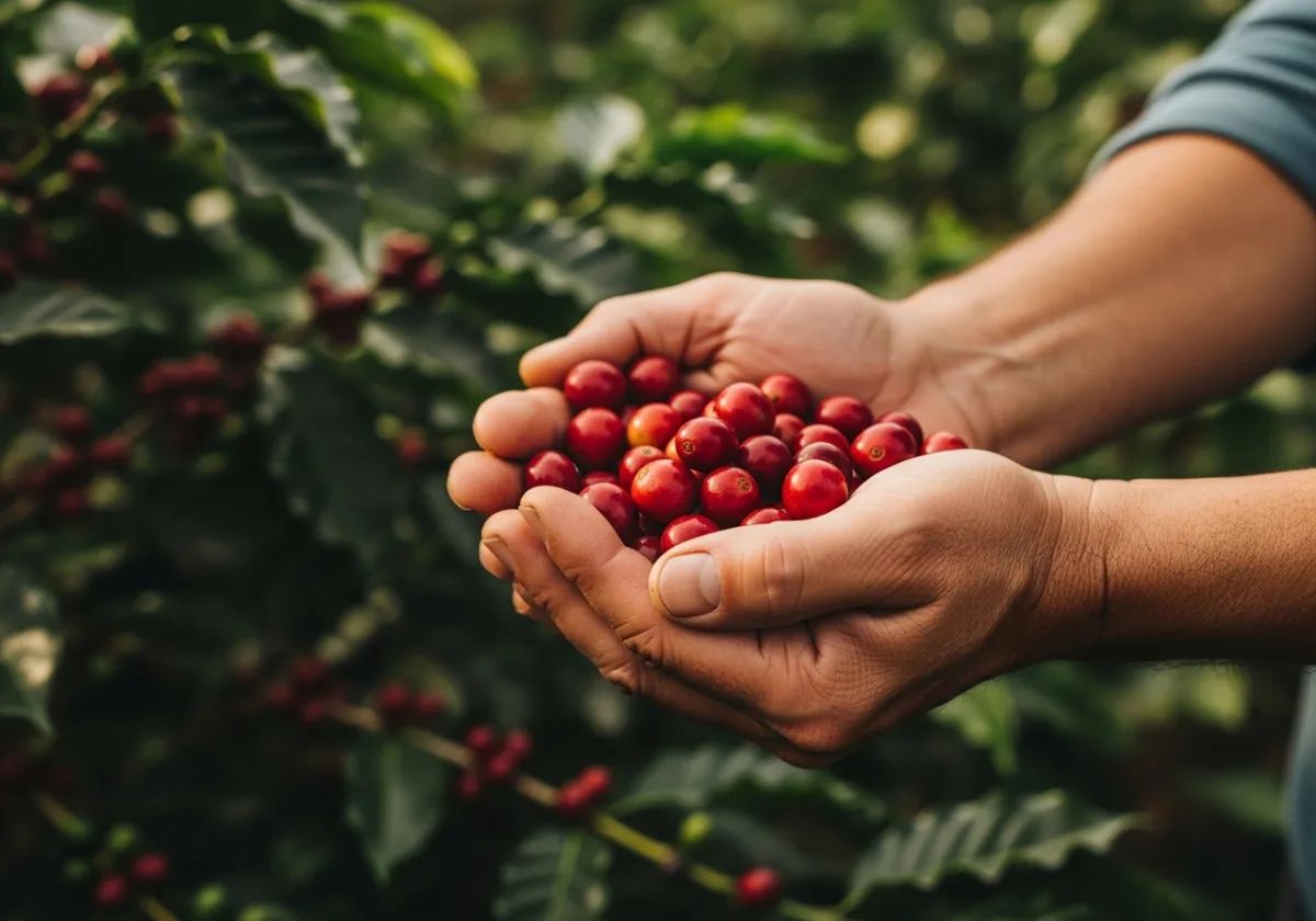 A farmer holding a double handful of ripe red coffee cherries