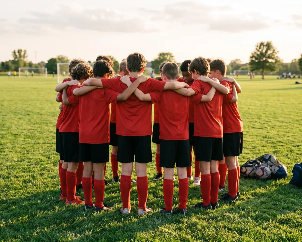Youth soccer team in matching red uniforms huddled together on the field