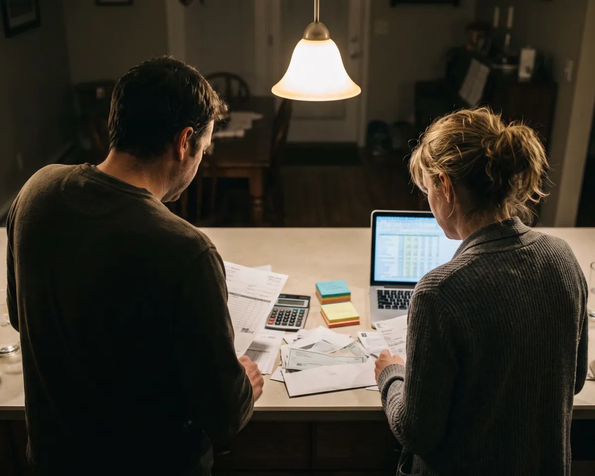 Two parents sorting order forms, checks, and a spreadsheet at a kitchen counter late at night