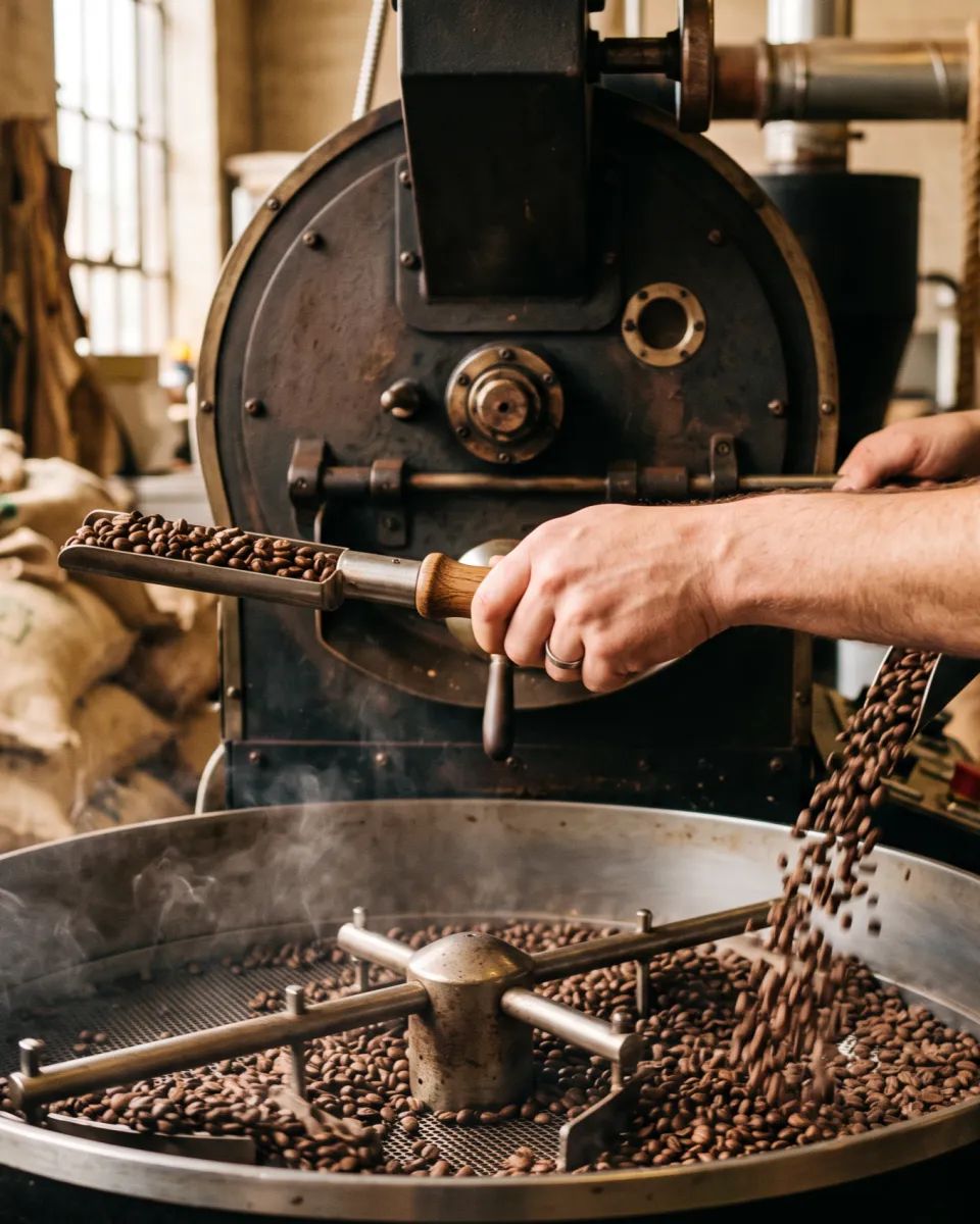 Roaster's hands pulling a sample of freshly roasted coffee beans from a drum roaster