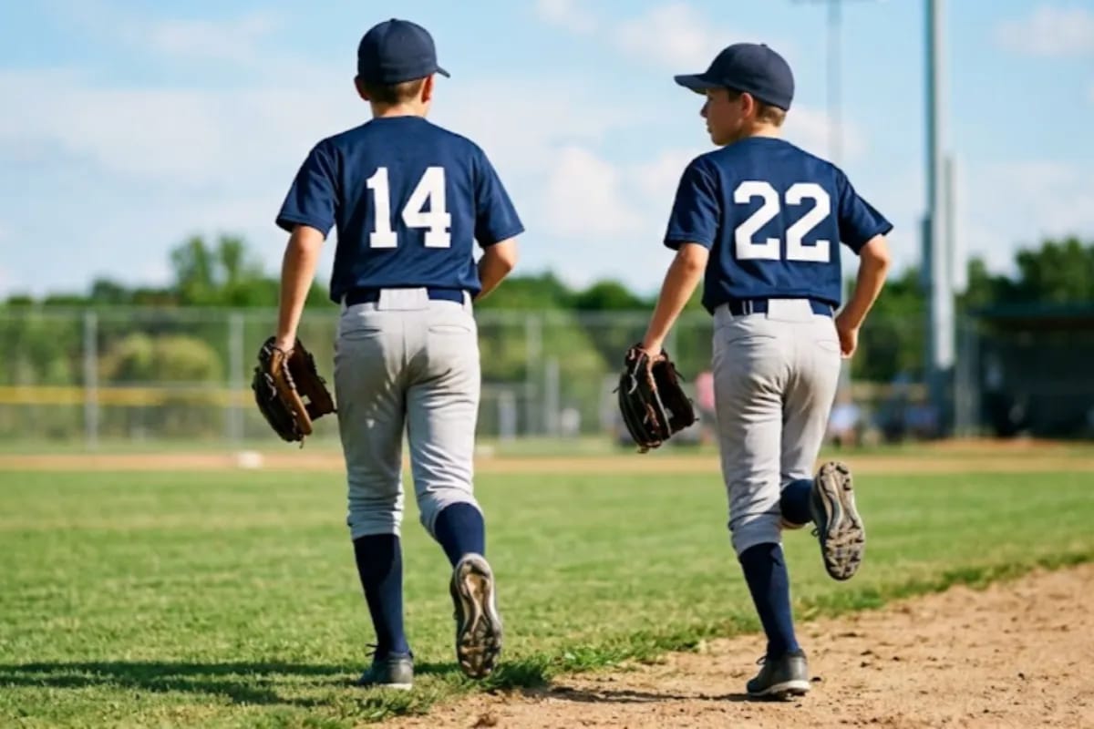 Two teammates in matching jerseys jogging off the field together