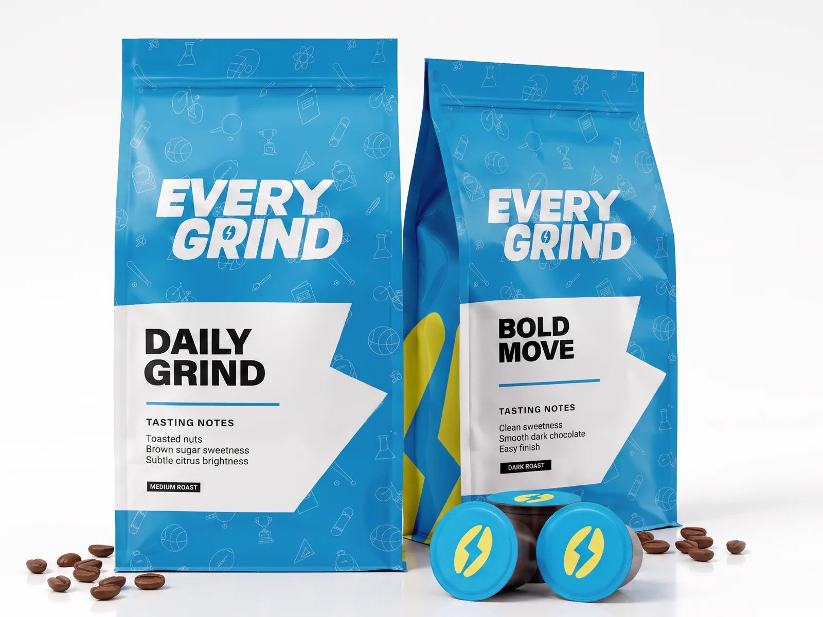 Everygrind Daily Grind and Bold Move coffee bags with single-serve pods