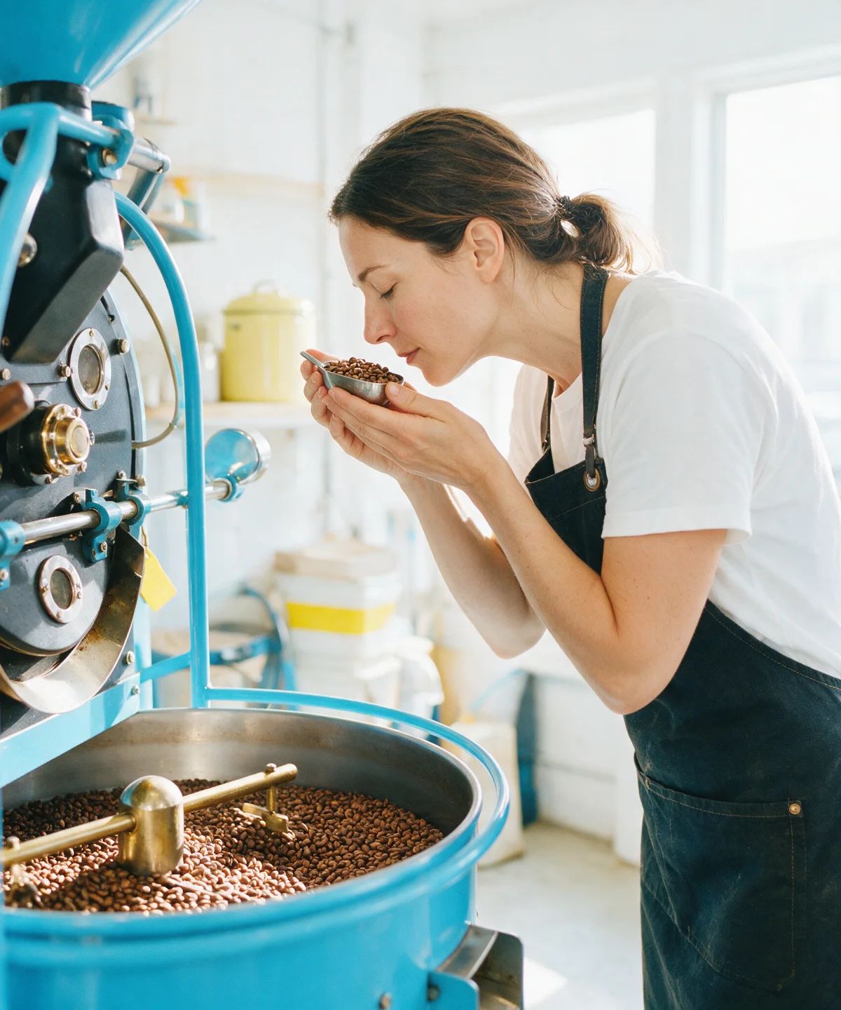 A roaster checking the aroma of a scoop of beans beside a drum roaster