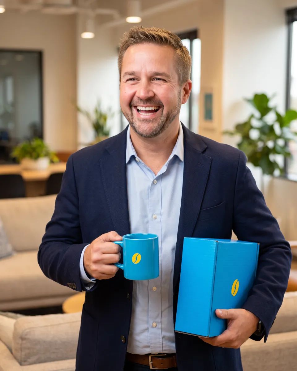 Scot Talcott holding a blue Everygrind mug and a shipping box in the office