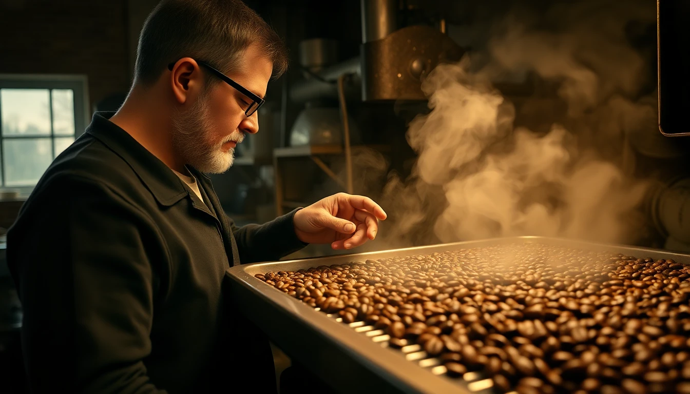 Craft coffee roaster examining freshly roasted beans